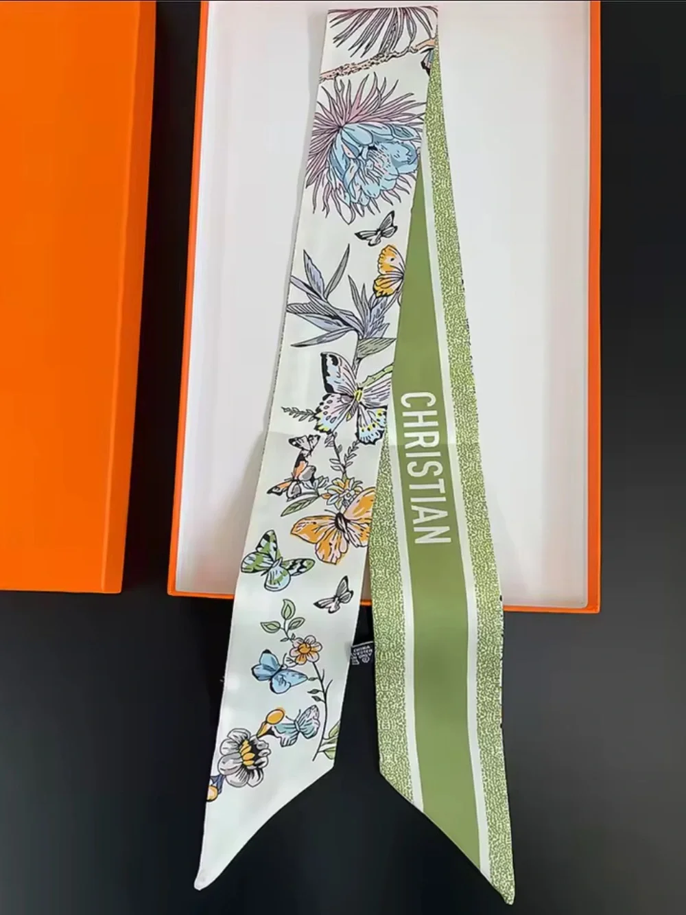 Floral & Butterfly Silk Hair Scarf in Green and White